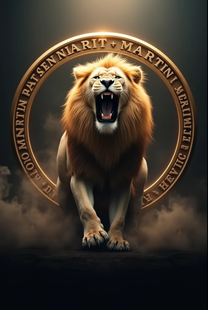 A lion roars within a circular logo, with the word 'MARTIN' written in gold lettering. 4k footage with smoke and lights.