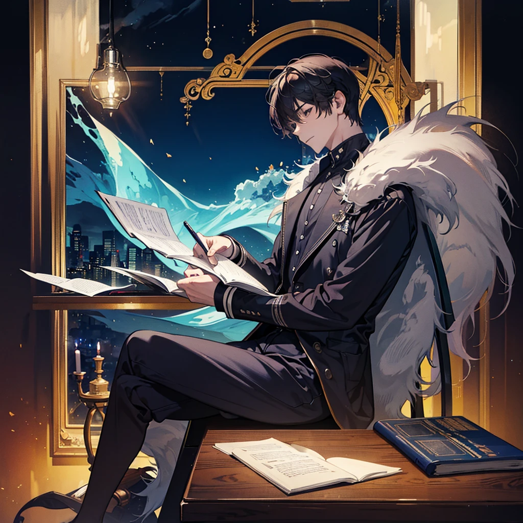 a man writing a novel on a table with an imaginative background