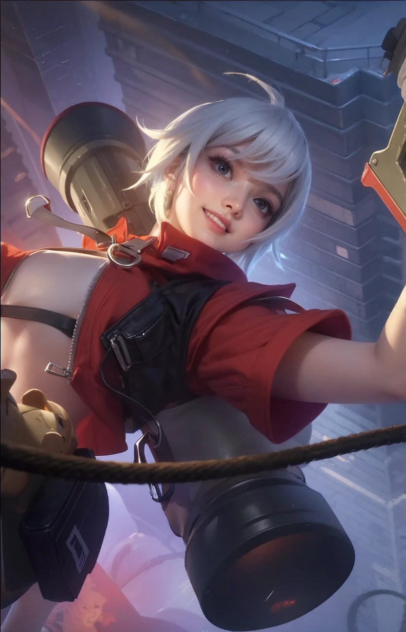 One girl, , Dancing, Small breasts, Slim legs, Cheerleader uniforms, skirt, White Cheer Gloves, stomach, Tilt your head, Arm open, from the front, ((masterpiece)), ((Highly detailed face)), Highest quality, Surreal, High resolution, Intricate details,(Beautiful and delicate eyes and lips), (The best shadows. Very delicate and beautiful.), Beautiful white skin, smile, Open your mouth, Ponytail Brown Hair, bangs, Floating Hair, Good ray, Cowboy Shot, court, Audience seats, Light of the sun