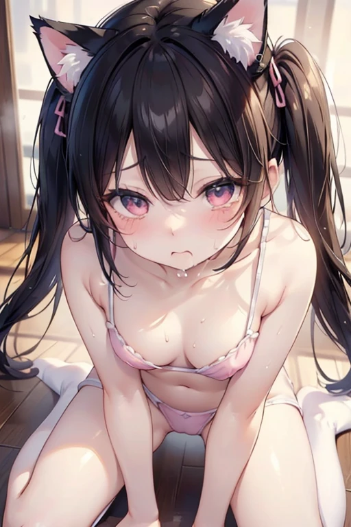 (high quality, 8k, 4K, High Contrast, masterpiece:1.2, 最high quality, Best aesthetics), 1 person, (Realistic skin texture:1.3), (Film Grain:1.3), (Top view),(The cleavage is showing.)、Loose chest、 A cup breasts、Small breasts、Small breasts、Beautiful and detailed eyes and face、Pink bra、Pink pants、Love Hotel、On all fours、Sweating、Black Hair、Twin tails、Embarrassed face、Blushing、Mouth open、Looking up、Crying face、Spread your legs、Knee socks、Cat ear