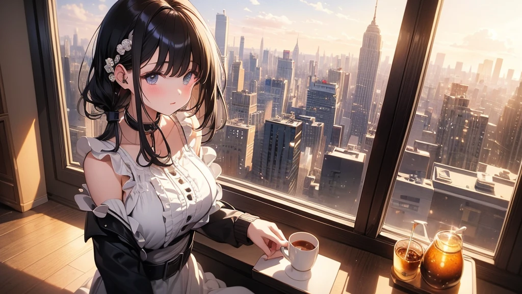 Ultra-high resolution, 8k, (masterpiece, mysterious:1.2), Works by Makoto Shinkaisei, Lo-fi feeling, Perfect human body engineering, 1 female, mysteriousな瞳, Her charm is her beautiful eyes, Idol, White ruffle dress, Shiny long black hair, Larger than average bust, Listening to music through headphones, Looking out the window, Room with musical instruments, city view from the window, impressive cityscape, Bright sky, meteor, Wide-angle, Before dusk, Break time during composition, Coffee in a mug,