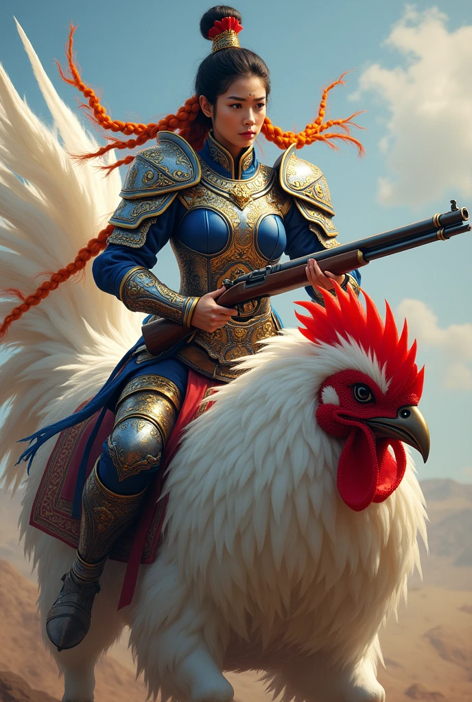 A Thai female warrior with orange braids, wearing blue, red and silver armor, holding a musket and riding a large white, red and gold rooster.