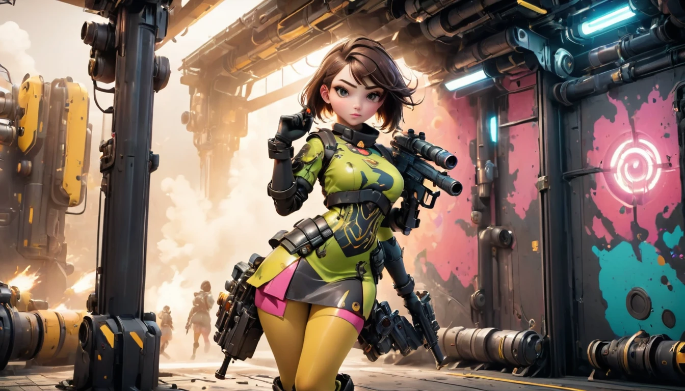 Long shot, unreal engine:1.4,CG K ultra realistic, photorealistic:1.4, skin texture:1.4, artwork 1girl, Gatling gun, standing on the right side of image, Casing, looking at viewer, dynamic pose, Blows, ammunition belt, gloves, large breasts not disproportionate, shooting , extremely detailed:1.4, more detailed, optical mix, playful patterns, animated texture, unique visual effect, or cyberpunk yellow color, red pantyhose, yellow leather miniskirt, masterpiece, ((colors, cyan, greens, pink, brown: 1.2)), 8k realistic digital art)), 32k