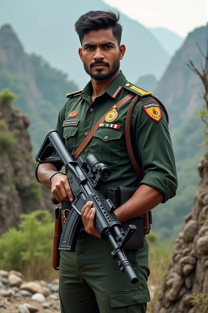 Young South Indian good looking para military man holding gun