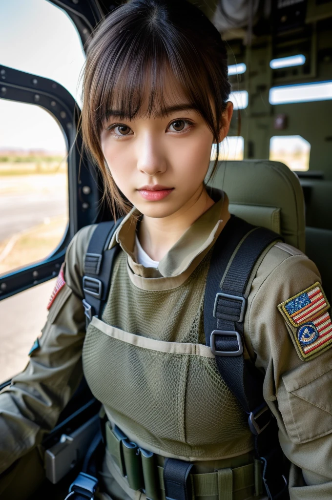 (masterpiece, ultra-detailed, ultra-realistic, best quality, clear focus, photorealistic), (ultra-high resolution, 8k:1.3), cinematic color-grading film, dramatic scenes, shadow, global-illumination, perfect anatomy, perfect face, (detailed face, detailed eye:1.3), (20 years old Japanese beautiful blonde girl:1.3), (Experienced army paratroopers:1.3), professional light, (very cute but boyish cool Japanese face:1.3), (Fully equipped for battle:1.3), (m4a1 large assault rifle:1.2), (Sitting in the huge cargo bay of a large Army transport plane for an Army skydiving mission:1.5), (wearing a soldier's outfits with camouflage color made of leather:1.2), (Strong willed expression:1.2), (afraid:1.4), slim waist, (military helmet), very large breasts, tactical vest, military harness, breasts focus,
