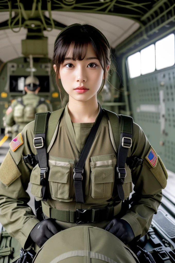 (masterpiece, ultra-detailed, ultra-realistic, best quality, clear focus, photorealistic), (ultra-high resolution, 8k:1.3), cinematic color-grading film, dramatic scenes, shadow, global-illumination, perfect anatomy, perfect face, (detailed face, detailed eye:1.3), (20 years old Japanese beautiful blonde girl:1.3), (Experienced army paratroopers:1.3), professional light, (very cute but boyish cool Japanese face:1.3), (Fully equipped for battle:1.3), (m4a1 large assault rifle:1.2), (Sitting in the huge cargo bay of a large Army transport plane for an Army skydiving mission:1.5), (wearing a soldier's outfits with camouflage color made of leather:1.2), (Strong willed expression:1.2), (afraid:1.4), slim waist, (military helmet), very large breasts, tactical vest, military harness, breasts focus,