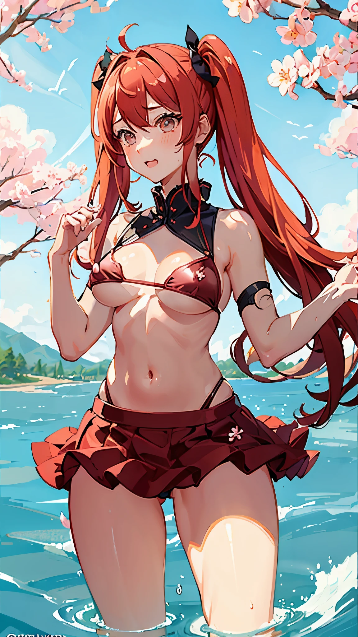((Highest quality)), ((masterpiece)), (detailed), high school girl、Pink twin tails、Sunny Spring、A row of cherry blossom trees with a stream flowing through it.、Slightly backlit、Wet competitive swimsuit、Ruffled mini skirt、Big thighs、Cute Boobs、Nipples erect、Sexy pose、looking at the camera、Red cheeks、Embarrassed expression、Sweat a lot、