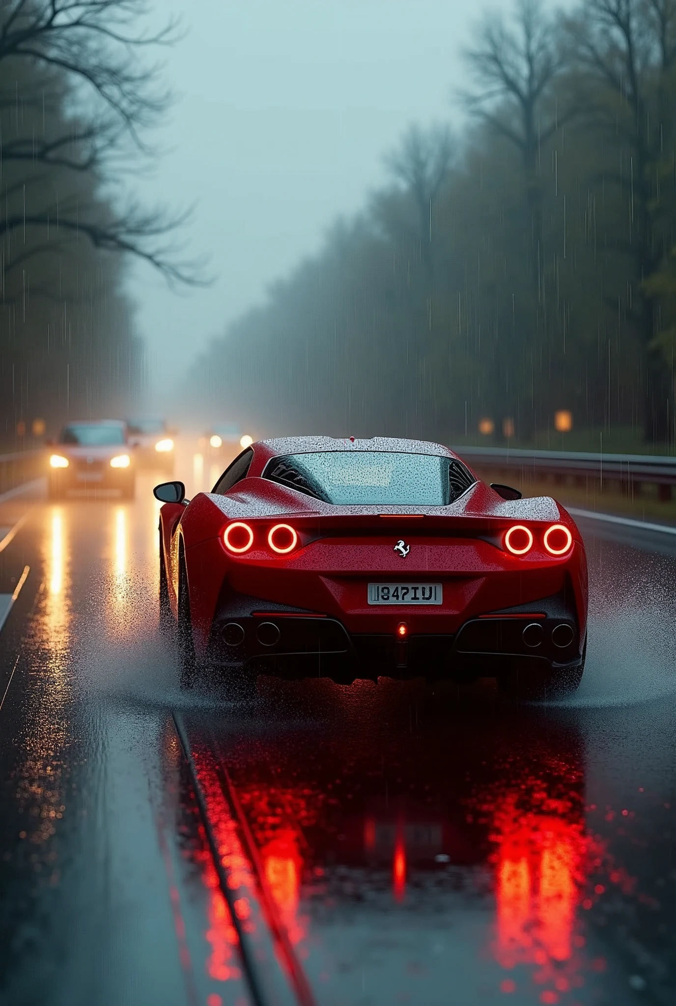Capture a cinematic, ultra high-definition photograph of a speeding Ferrari Roma on the Autobahn at dawn, with rain pouring down and creating a wet, glistening road. The Ferrari's sleek body should shine with the reflections of the rain-soaked surroundings, with water droplets beading on its surface. The image should highlight the car's dynamic movement through the rain, with water splashes and reflections on the wet pavement enhancing the sense of speed. Soft, natural colors should be used, with a realistic tyndall effect where the early morning mist and fog interact with the car's fog lights. The dark, moody atmosphere is heightened by the rain, with a touch of film grain to add depth and realism. The composition should include dynamic angles and movie-like stills to capture the intensity of the moment, ensuring every detail is sharp and focused. The overall scene should be a visually stunning, award-winning photograph, rendered with the highest fidelity using advanced graphics techniques, with the rain adding a powerful, immersive element to the image.