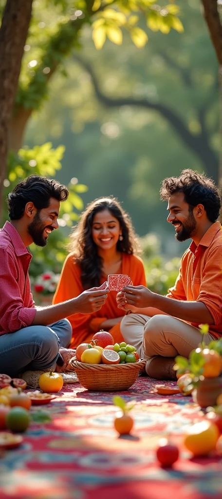 poster,Cover Design,Three Indian youngsters, two men and one woman, are playing cards outdoors.,Looking at the audience,carpet,fruit,food,Flowers,Trees,High-impact shots,Joyful smiles,photography,Photograph,