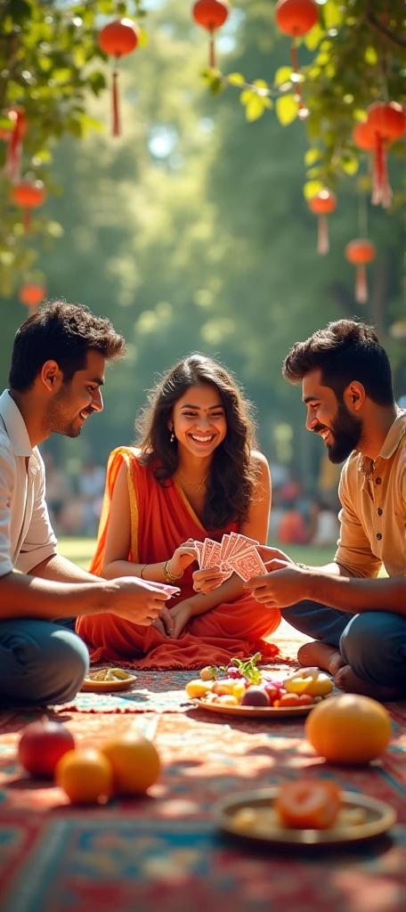 poster,Cover Design,Three Indian youngsters, two men and one woman, are playing cards outdoors.,Looking at the audience,carpet,fruit,food,Flowers,Trees,High-impact shots,Joyful smiles,photography,Photograph,