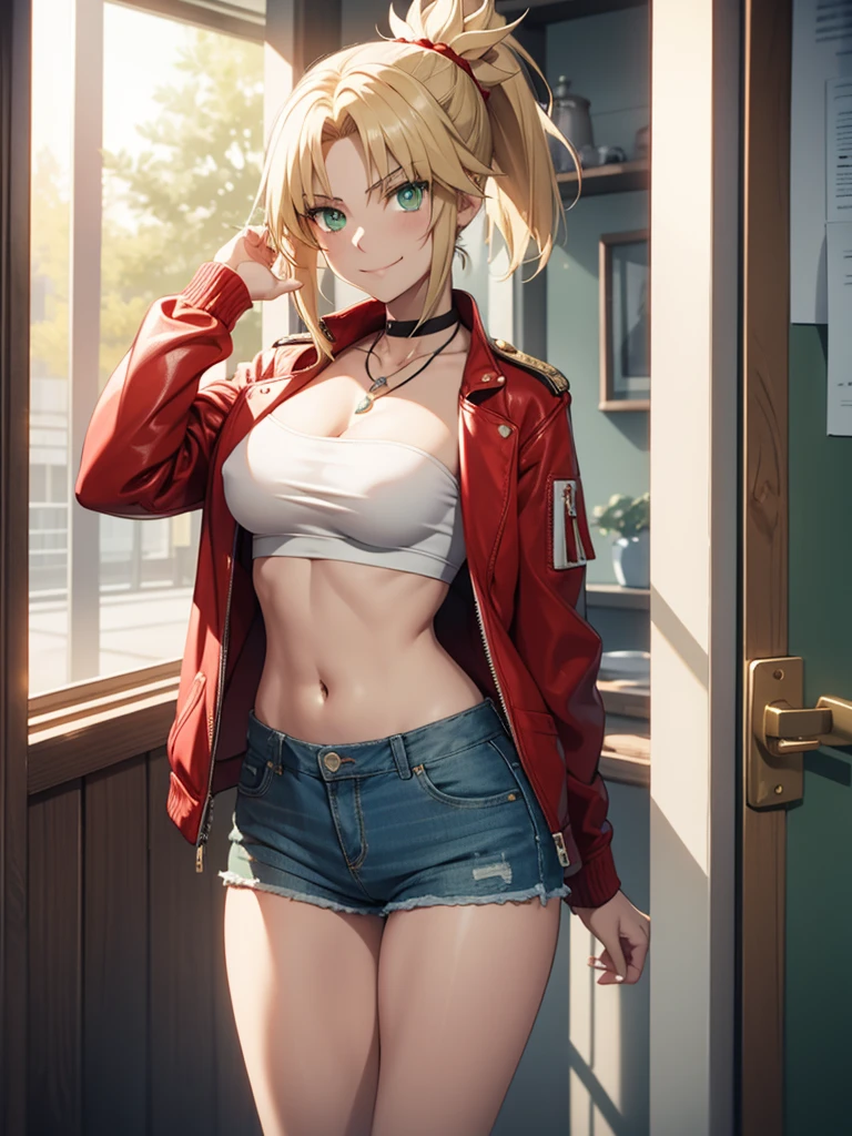 (masterpiece、top-quality、hight resolution、Unity 8k、extremely details CG:1,Best Picture), modred, (green eyes:1.5), blonde hair, ponytail, short hair, scrunchie, red scrunchie, hair scrunchie, denim, denim shorts, jacket, jewelry, midriff, navel, necklace, red jacket, short shorts, shorts, tube top, white top, nsfw, Negotiating the price of prostitution, Willing to agree, lewd smile