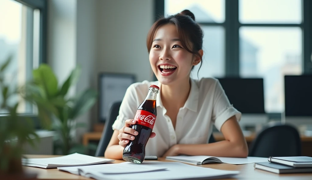 A happy Korean woman, excitedly drinks Coca-Cola at an office, desk, in the workplace, sitting at a desk with a computer and many documents on it, in daylight, cool light,