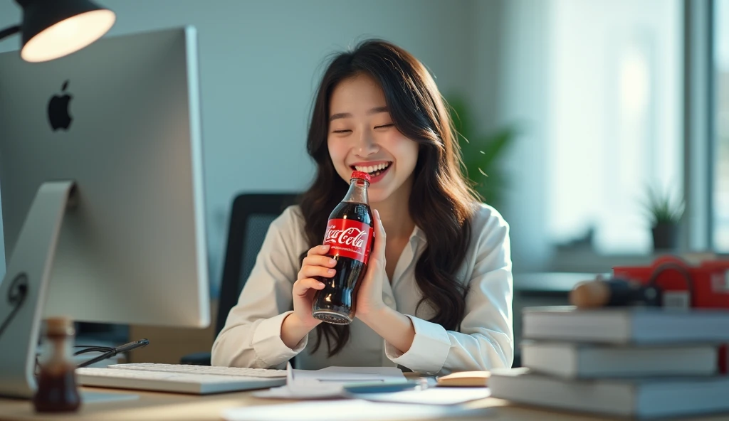 A happy Korean woman,  excitedly drinks Coca-Cola at an office, desk, in the workplace, sitting at a desk with a computer and many documents on it, in daylight, cool light, 