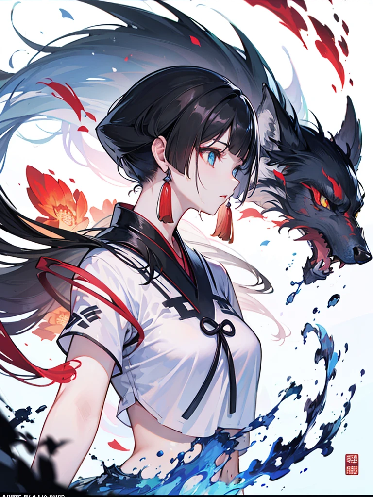 (Mythical Beast), Nine-tailed Fox, Dynamic body shape, (Chinese Monster), Handsome, splashed Ink, Chinese, 1 Girl, ((whole body), ((2.5D)), Flowing hair, beautiful eyes, Exquisite eyes, Delicate silhouette, Fantasy Art, (Black and red ancient brocade Hanfu), Field of view, (masterpiece), front Photo, Profile portrait, White background, (Movie Posters), sharp, splash, cloud, petal, Empty, Sky, (Wide-angle lens), Vista