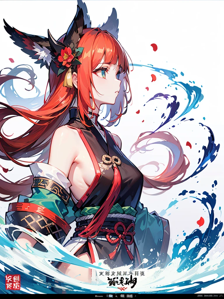 (Mythical Beast), Nine-tailed Fox, Dynamic body shape, (Chinese Monster), Handsome, splashed Ink, Chinese, 1 Girl, ((whole body), ((2.5D)), Flowing hair, beautiful eyes, Exquisite eyes, Delicate silhouette, Fantasy Art, (Black and red ancient brocade Hanfu), Field of view, (masterpiece), front Photo, Profile portrait, White background, (Movie Posters), sharp, splash, cloud, petal, Empty, Sky, (Wide-angle lens), Vista