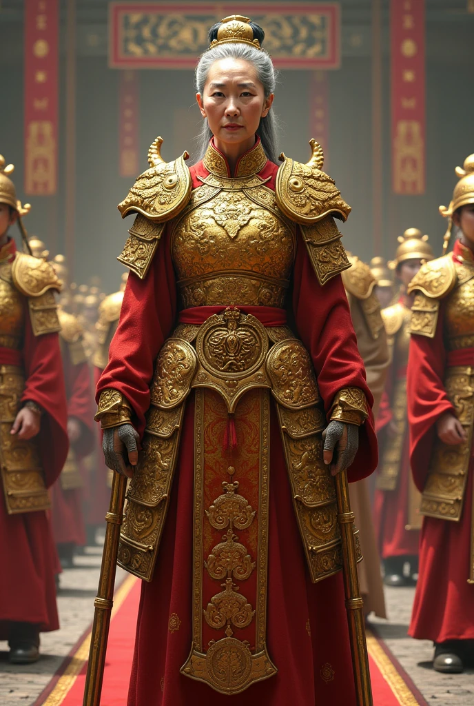 elderly,Female General,Golden Dragon Pattern Armor,Martial arts,Faucet crutches