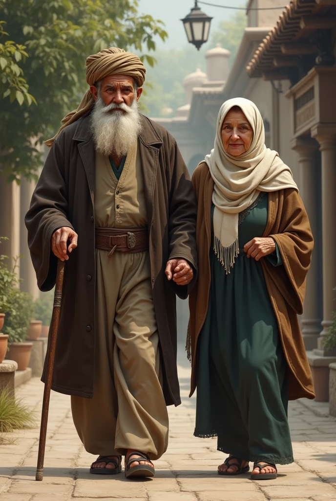 Muslim Old man, muslim old woman, walk together, man hold stick, women hold man hand