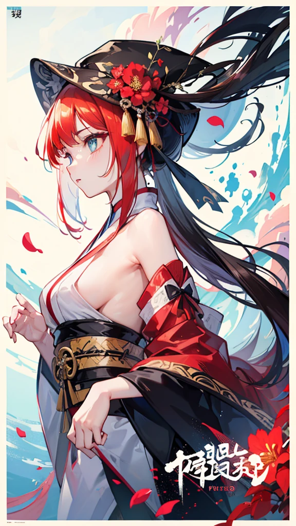 (Mythical Beast), Nine-tailed Fox, Dynamic body shape, (Chinese Monster), Handsome, splashed Ink, Chinese, 1 Girl, ((whole body), ((2.5D)), Flowing hair, beautiful eyes, Exquisite eyes, Delicate silhouette, Fantasy Art, (Black and red ancient brocade Hanfu), Field of view, (masterpiece), front Photo, Profile portrait, White background, (Movie Posters), sharp, splash, cloud, petal, Empty, Sky, (Wide-angle lens), Vista