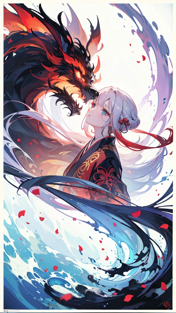 (Mythical Beast), Nine-tailed Fox, Dynamic body shape, (Chinese Monster), Handsome, splashed Ink, Chinese, 1 Girl, ((whole body), ((2.5D)), Flowing hair, beautiful eyes, Exquisite eyes, Delicate silhouette, Fantasy Art, (Black and red ancient brocade Hanfu), Field of view, (masterpiece), front Photo, Profile portrait, White background, (Movie Posters), sharp, splash, cloud, petal, Empty, Sky, (Wide-angle lens), Vista