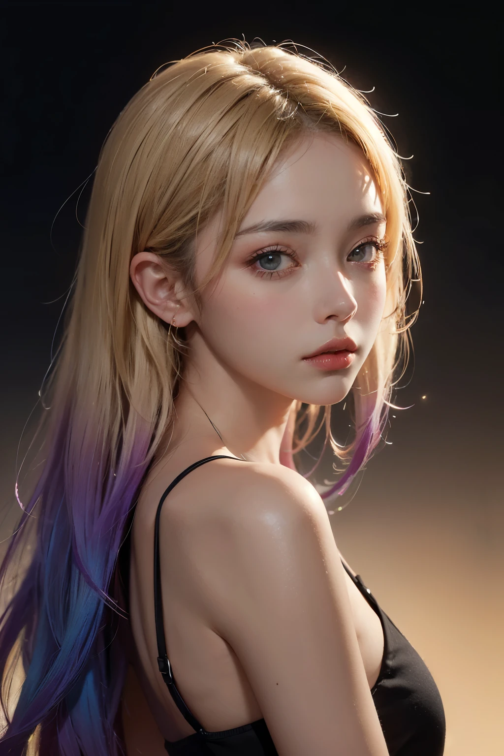 A 20-year-old female, Blonde, (High-top gradient:1.3), Dark theme, Soothing tones, Soft colors, High contrast, (Natural skin texture, Surrealism, Soft Light, sharp)