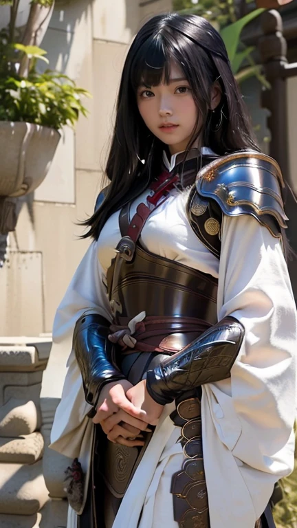 full body display、1 female、Japanese women、22 years old、Black hair with bangs、Dark Eyes、Big Breasts、Toned body、Exquisite samurai armor、Combat pose、masterpiece、Ultra HD、RAW Photos、Detailed skin texture、Detailed face、Detailed Hair, Perfect hands、The background is inside Himeji Castle.