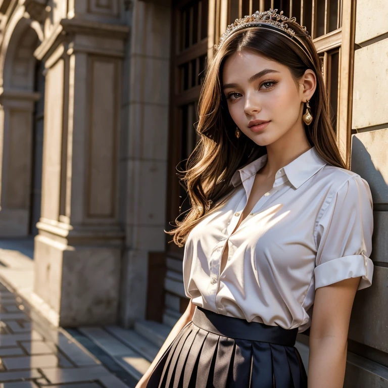 (masterpiece, best quality:1.5), highest quality, High resolution, super detailed, Realists, Full body photo of a brunette 22 year old woman, detailed and beautiful eyes, beautiful detailed lips, very detailed eyes and face, longeyelashes, 22-year-old woman in a shirt made of shiny satin and a pleated skirt, Beautiful and colorful makeup, elegant and noble々Pose,shiny satin headband,, City as background, bright daylight, bright colors, fine brushstrokes, Portrait style, beautiful color palette, glowing skin, First-class rendering, that captures every detail, enchanting atmosphere, (perfect anatomy:1.2), (The two stunning women are wearing a shirt made of satin and a pleated skirt. She smiles flirtatiously., Showcasing her figure (magnificent panorama view:1.2)