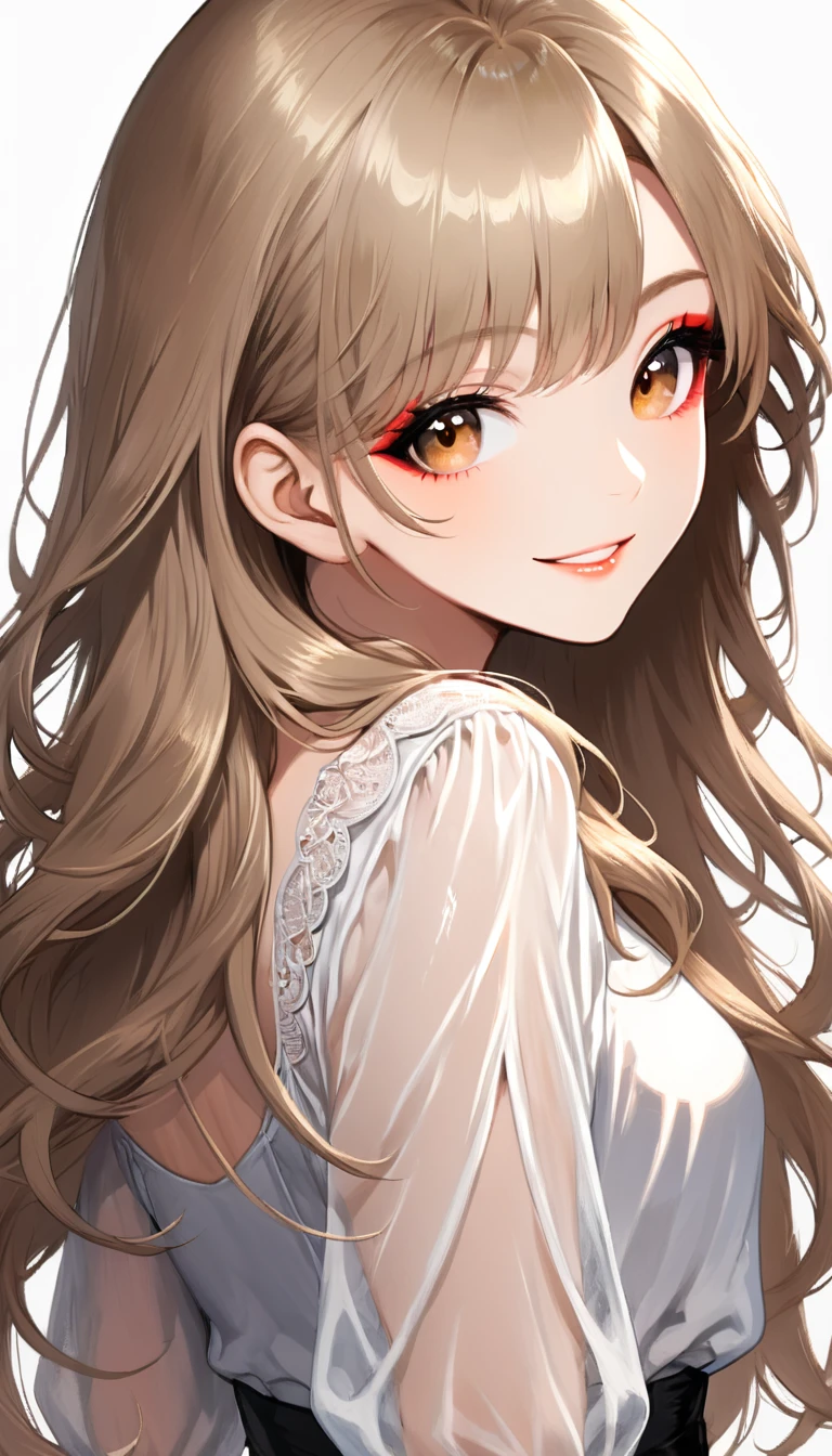 (upper body),1girl, natural makeup, smile, long hair ,light brown hair, white blouse, look back, looking at viewer, white background
