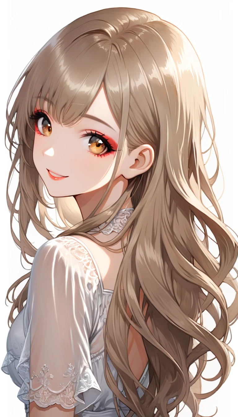 (upper body),1girl, natural makeup, smile, long hair ,light brown hair, white blouse, look back, looking at viewer, white background