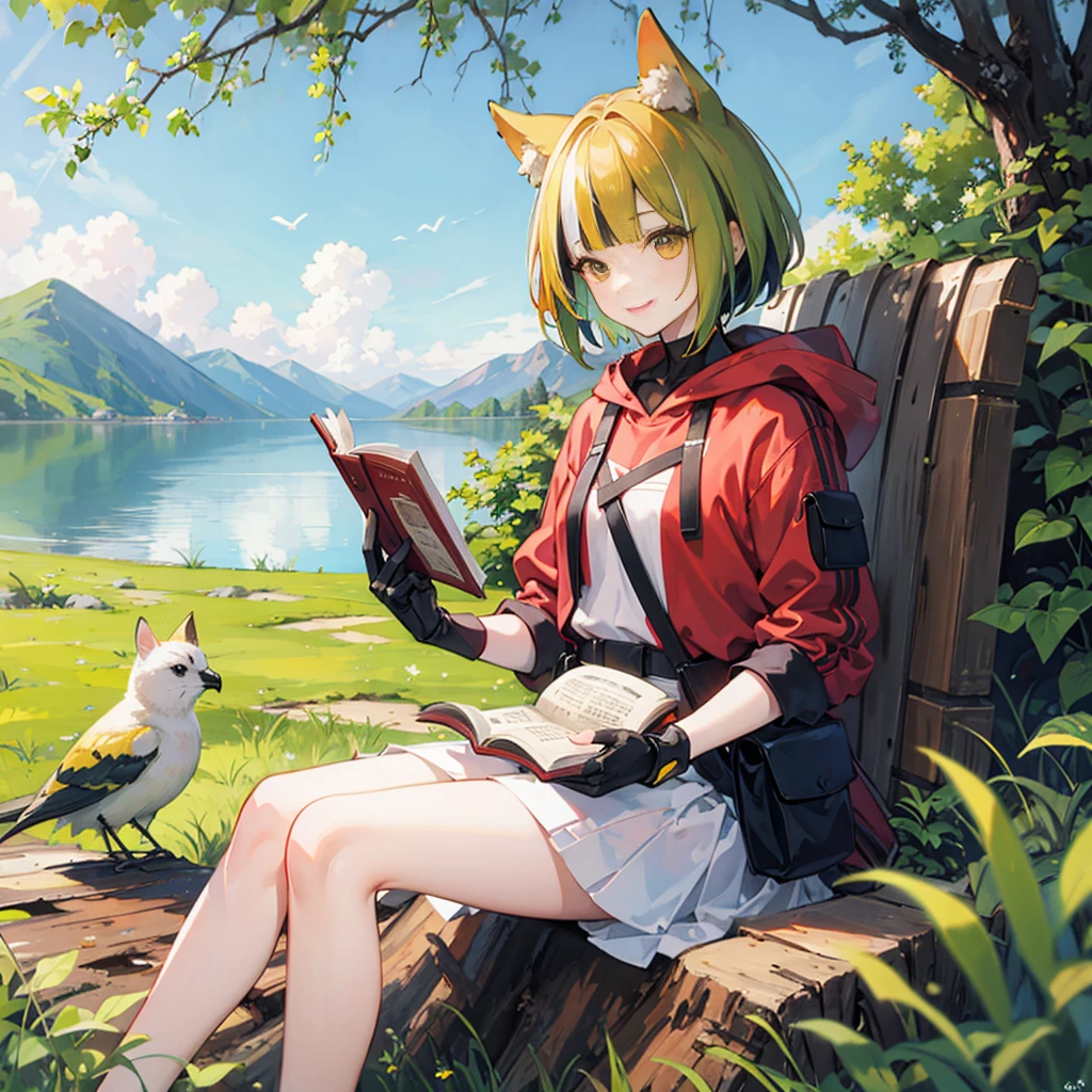 masterpiece, best quality,, 1 Girl, sit, animal, animal ears, bird, Black_hair, Book, Bookmark, Branches, Gloves, Grass, green hair, Keep, Keep Book, hood, hood down, leaf, Looking at the audience, multicolored hair, oPen_Book, partially fingerless Gloves, Pen, plant, pouch, 鹅毛Pen, read, sit, Smile, Solitary, Tail, Tree, Tree stump,, Sky, sun, Mountain, forest, lake