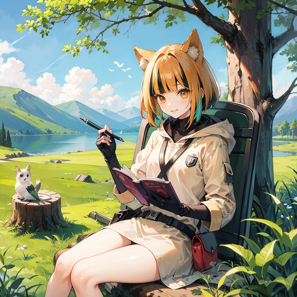 masterpiece, best quality,, 1 Girl, sit, animal, animal ears, bird, Black_hair, Book, Bookmark, Branches, Gloves, Grass, green hair, Keep, Keep Book, hood, hood down, leaf, Looking at the audience, multicolored hair, oPen_Book, partially fingerless Gloves, Pen, plant, pouch, 鹅毛Pen, read, sit, Smile, Solitary, Tail, Tree, Tree stump,, Sky, sun, Mountain, forest, lake