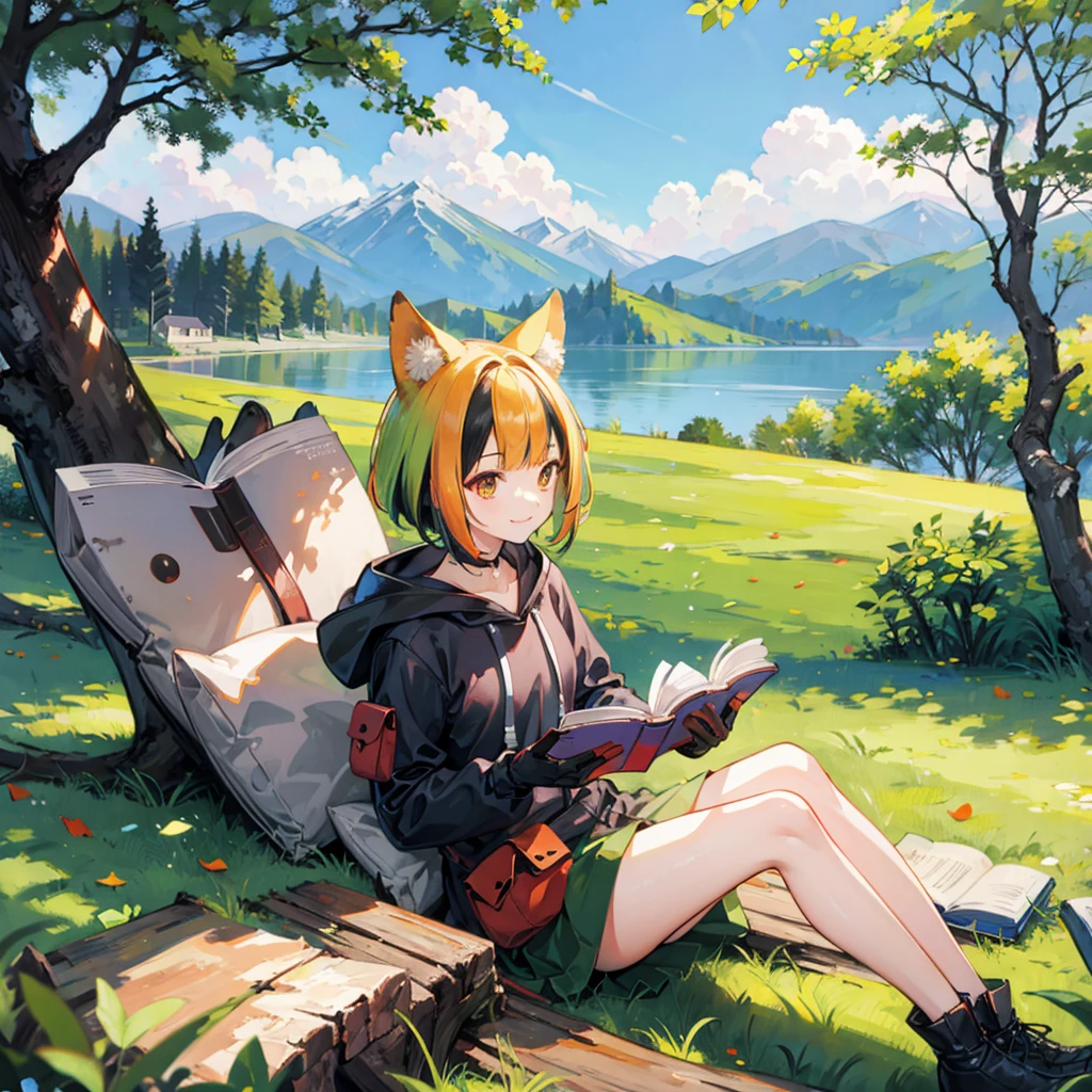 masterpiece, best quality,, 1 Girl, sit, animal, animal ears, bird, Black_hair, Book, Bookmark, Branches, Gloves, Grass, green hair, Keep, Keep Book, hood, hood down, leaf, Looking at the audience, multicolored hair, oPen_Book, partially fingerless Gloves, Pen, plant, pouch, 鹅毛Pen, read, sit, Smile, Solitary, Tail, Tree, Tree stump,, Sky, sun, Mountain, forest, lake