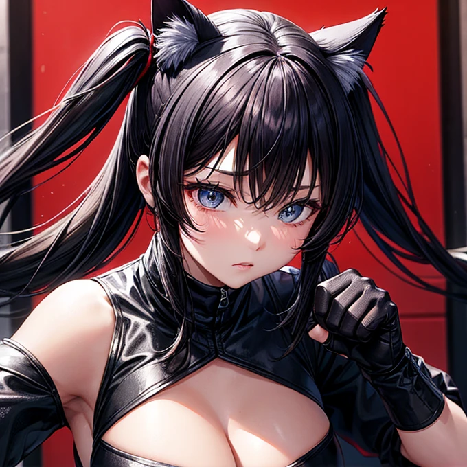 she is wearing black clothes, Exactly, High Cut Bodysuit.A woman boxing　It has cat ears and a tail.　Twin tails　Open Finger Gloves