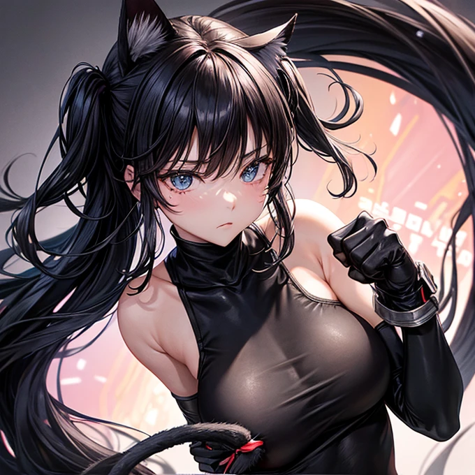 she is wearing black clothes, Exactly, High Cut Bodysuit.A woman boxing It has cat ears and a tail. Twin tails Open Finger Gloves