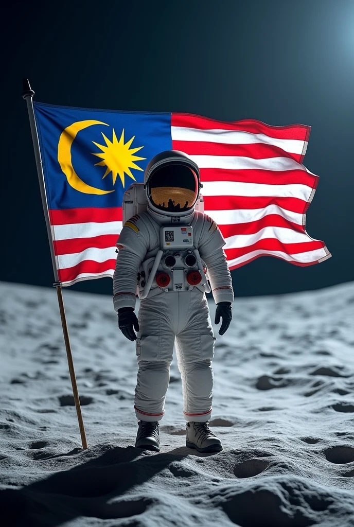 a Malaysia flag on the moon,Malaysia astronaut taking a selfie,detailed space suit,detailed Malaysia flag,detailed lunar landscape,dramatic lighting,cinematic angle,hyperrealistic,photorealistic,8k,unreal engine,stunning,vibrant colors,dramatic shadows,volumetric lighting,intricate details
