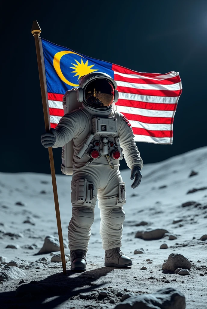 a Malaysia flag on the moon,Malaysia astronaut taking a selfie,detailed space suit,detailed Malaysia flag,detailed lunar landscape,dramatic lighting,cinematic angle,hyperrealistic,photorealistic,8k,unreal engine,stunning,vibrant colors,dramatic shadows,volumetric lighting,intricate details