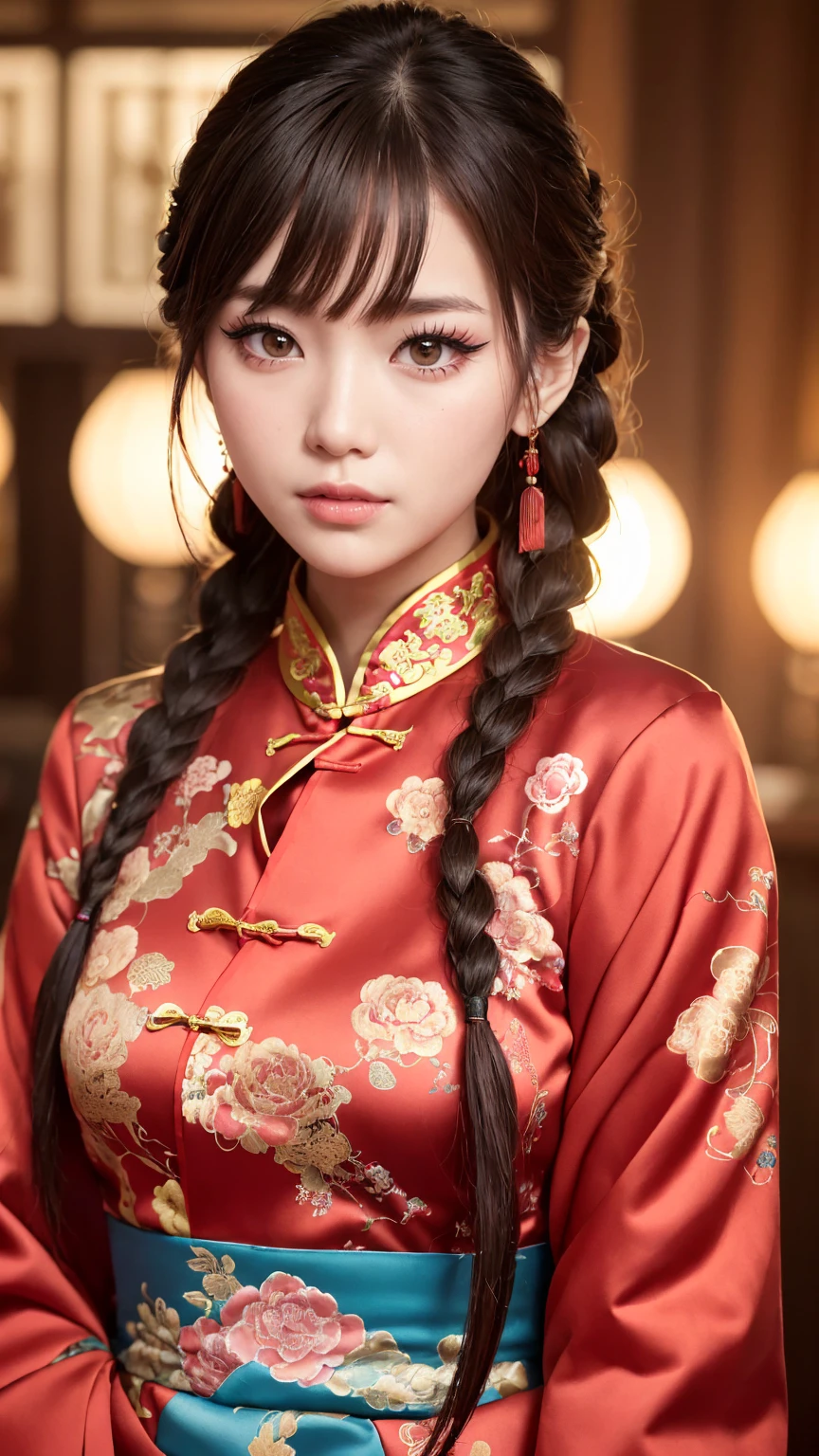 Realistic, masterpiece, Highest quality, Highest Resolution, Anatomically correct, Accurate Anatomy, 7 heads, Height: 165cm, One Japanese woman, Staring at the audience, Open your mouth and laugh, Staring at the audience, Fine and beautiful eyes, Sparkling eyes, Thin eyebrows, Gives lashes a delicate finish, False eyelashes, (Chinese traditional makeup:1.2), (Dumpling+Braided hair, Blunt bangs, Brown Hair:1.2), Detailed face, Sharp Eyes, (Traditional Chinese Dress, Clothes that fit snugly to the body, Random Color:1.3), Upper body photo, Background like ink painting