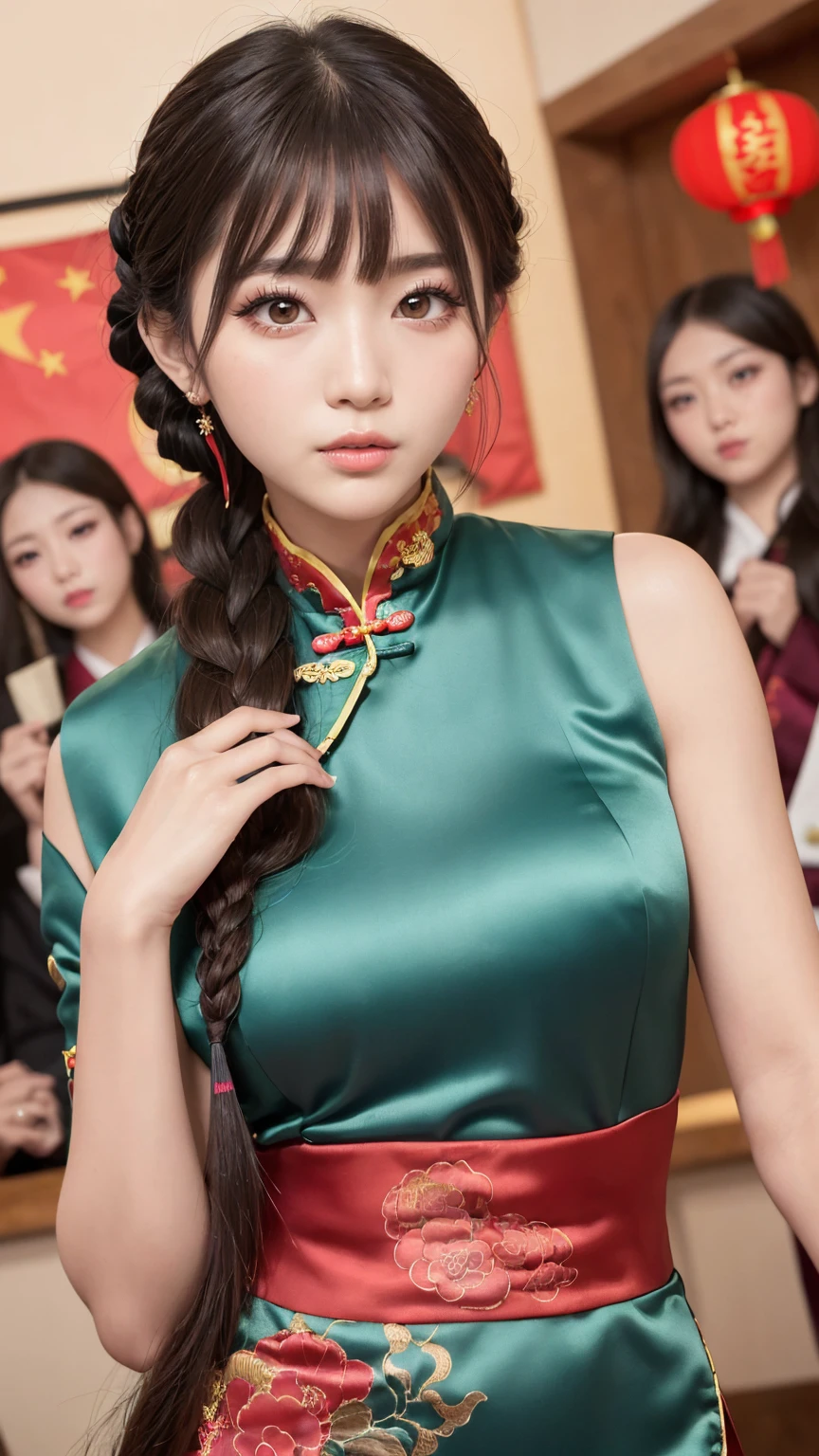 Realistic, masterpiece, Highest quality, Highest Resolution, Anatomically correct, Accurate Anatomy, 7 heads, Height: 165cm, One Japanese woman, Staring at the audience, Open your mouth and laugh, Staring at the audience, Fine and beautiful eyes, Sparkling eyes, Thin eyebrows, Gives lashes a delicate finish, False eyelashes, (Chinese traditional makeup:1.2), (Dumpling＋Braided hair, Blunt bangs, Brown Hair:1.2), Detailed face, Sharp Eyes, (Traditional Chinese Dress, Clothes that fit snugly to the body, Random Color:1.3), Upper body photo, Background like ink painting