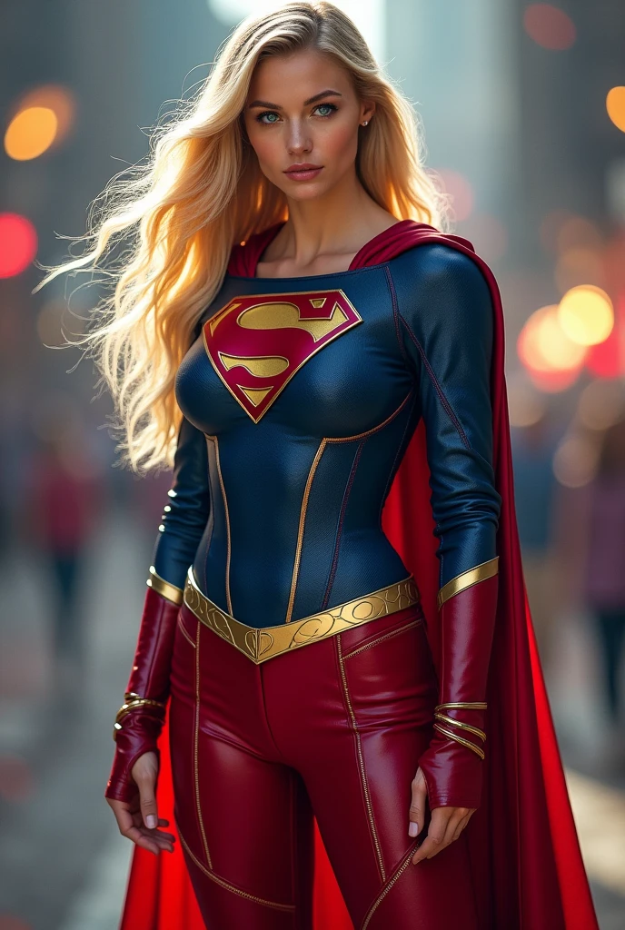 A beautiful woman with long blonde hair wearing the Kryptonian Kara Zor-El alias Supergirl costume. Blue and red leather jacket, red leather corset with the Superman emblem on her chest, red leather pants, red knee-high boots with gold trim, long gold bracelets.