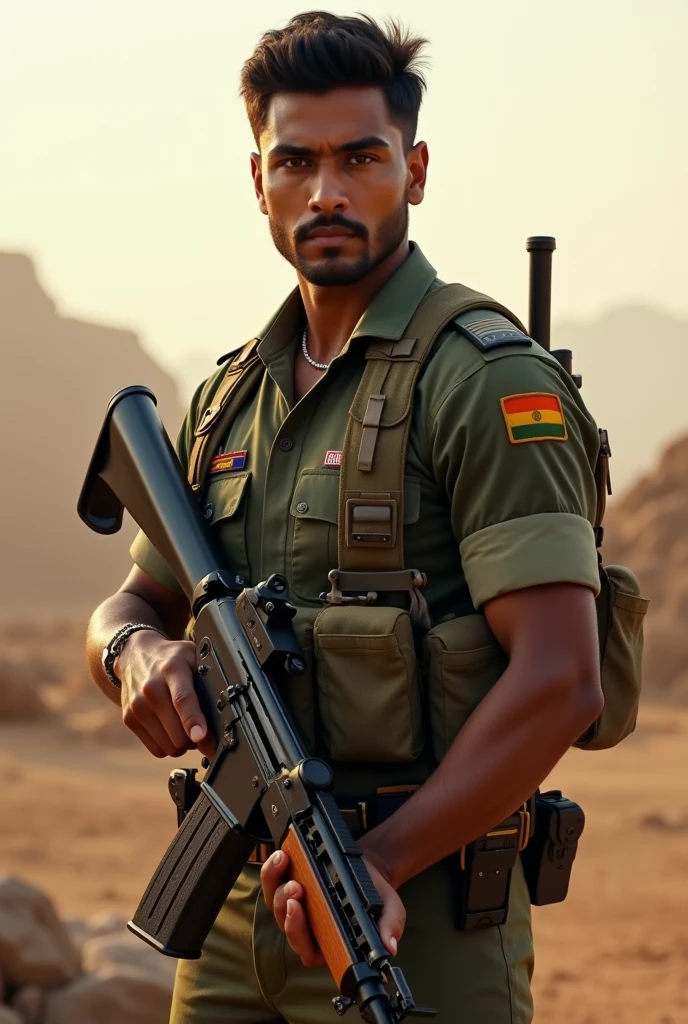 Young South Indian good looking military man holding gun