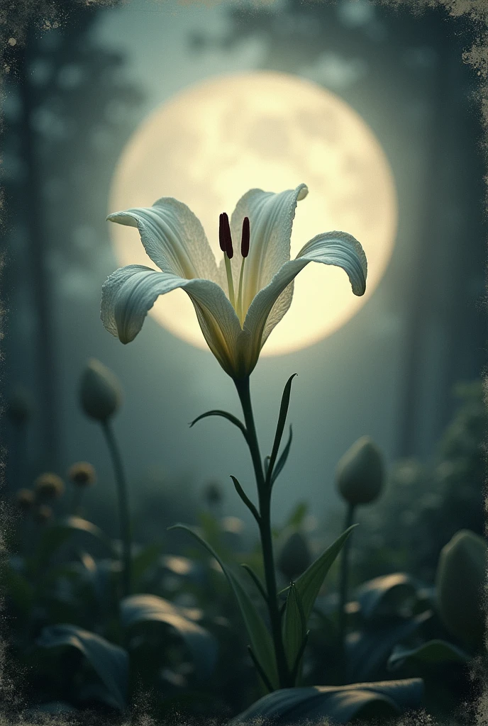 A romantic lily, in a vintage image with old film texture under the full moonlight, in an ancient garden, in worn grey tones for a logo