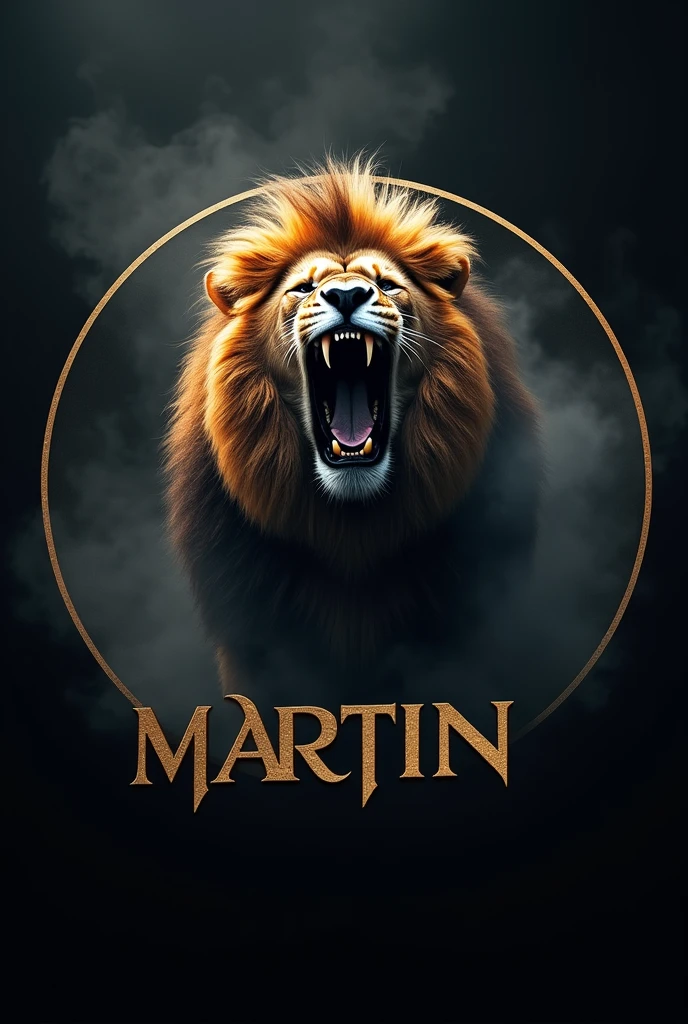 A lion roars within a circular logo, with the word 'MARTIN' written in gold lettering. 4k footage with smoke and lights.