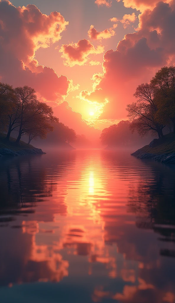 (work of art:1.2,highest quallity,ultra-high resolution,very detailled,realisitic,RAW Photos:1.2,Elaborated photos),8k,wall-paper,(ray tracing),Japan,(majestic river,Beautiful water surface,Light Diffuse Reflection,Calm,healing,gentle sunset,A huge sunset reflected in the water),A photo expressing clouds and flowing water