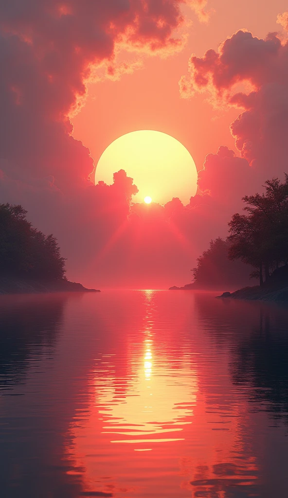 (work of art:1.2,highest quallity,ultra-high resolution,very detailled,realisitic,RAW Photos:1.2,Elaborated photos),8k,wall-paper,(ray tracing),Japan,(majestic river,Beautiful water surface,Light Diffuse Reflection,Calm,healing,gentle sunset,A huge sunset reflected in the water),A photo expressing clouds and flowing water