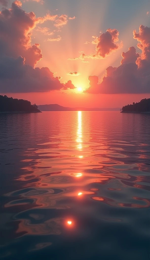 (work of art:1.2,highest quallity,ultra-high resolution,very detailled,realisitic,RAW Photos:1.2,Elaborated photos),8k,wall-paper,(ray tracing),Japan,(majestic river,Beautiful water surface,Light Diffuse Reflection,Calm,healing,gentle sunset,A huge sunset reflected in the water),A photo expressing clouds and flowing water