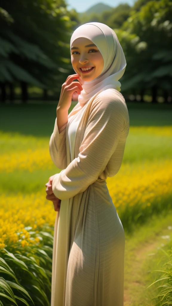 hijabi, Best quality, masterpiece, ultra high res, (photorealistic:1.4), raw photo, 1girl, tight batik dress, framing by flower field, glowing skin, light smile, low angel, pose as pro