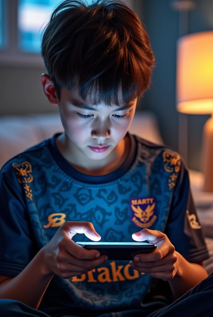 A 18 years boy wearing eSports jersey from backside while playing mobile game