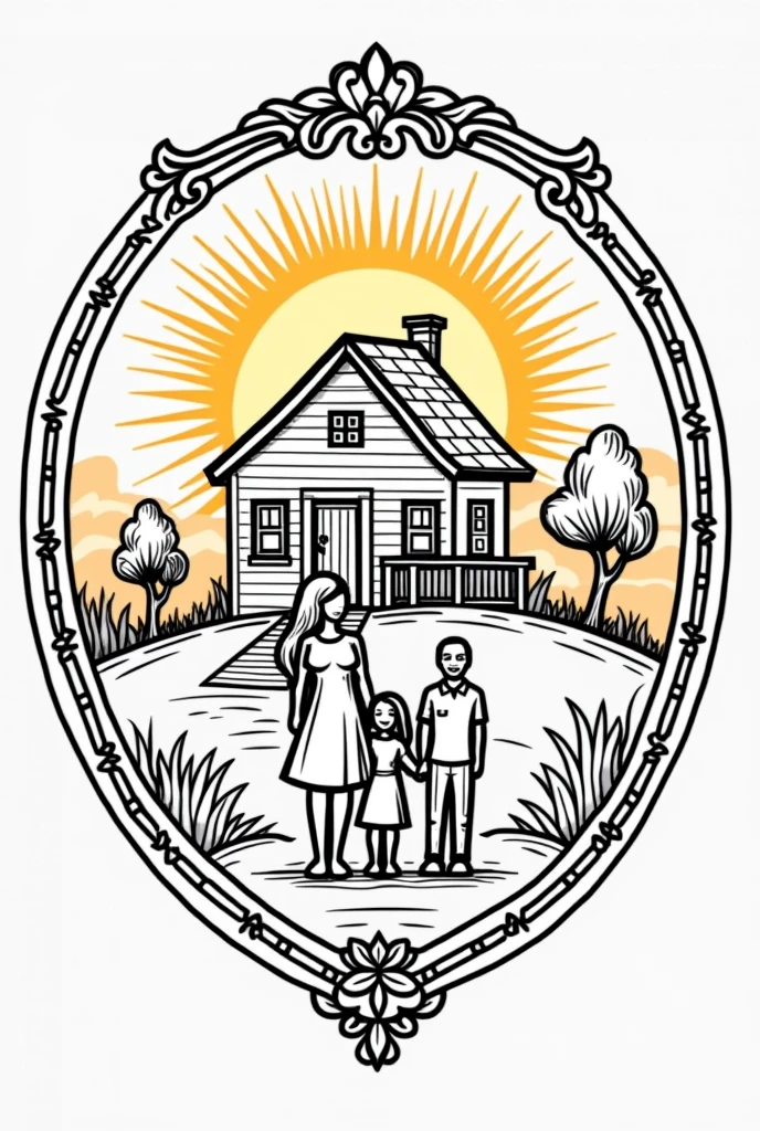 A simple but beautiful family crest to color, featuring elements within the shield such as a house with people in front holding hands with a sunny sunset landscape that symbolizes the family.