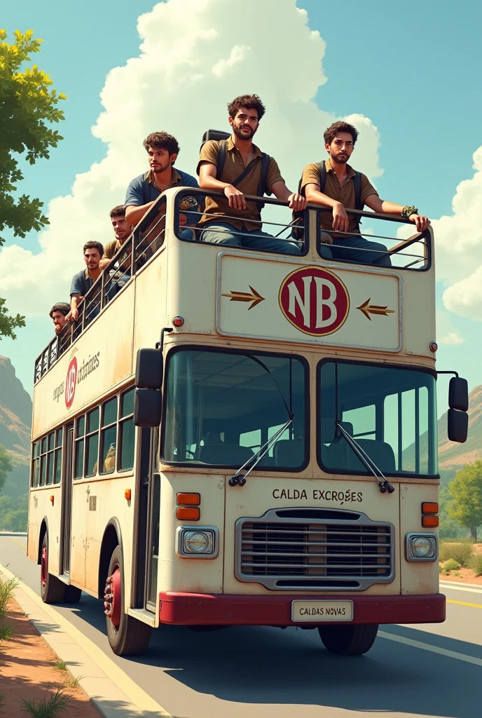 A double-decker tour bus with 4 male friends on top, the bus is written going to Caldas Novas and with a logo that says NB EXCURSÕES. The bus is white and the four friends are characterized as if they were in the Dungeons & Dragons universe.