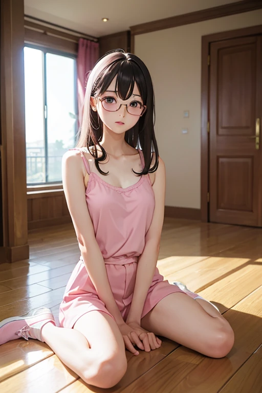 Highest quality、masterpiece、High sensitivity、High resolution、Detailed Description、Slender women、Glasses、Camisole outfit、Sitting on the floor、A room without windows、Dark pink fluorescent light、