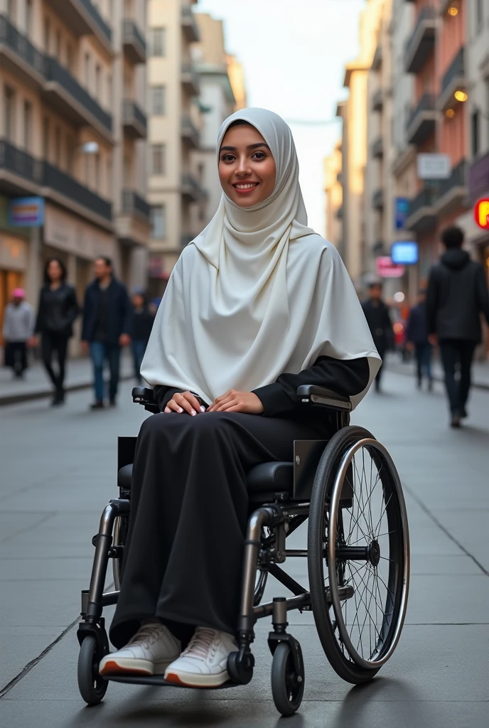 hijab white women wheelchair black pantyhose in street 